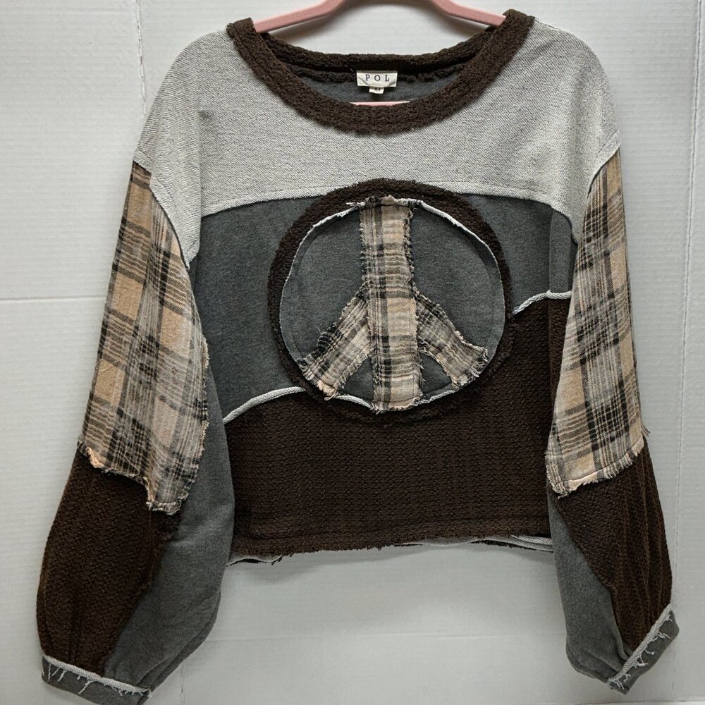 POL LONG SLEEVE TOP  PEACE SIGN TOP HEATHER CHARCOAL NIP
